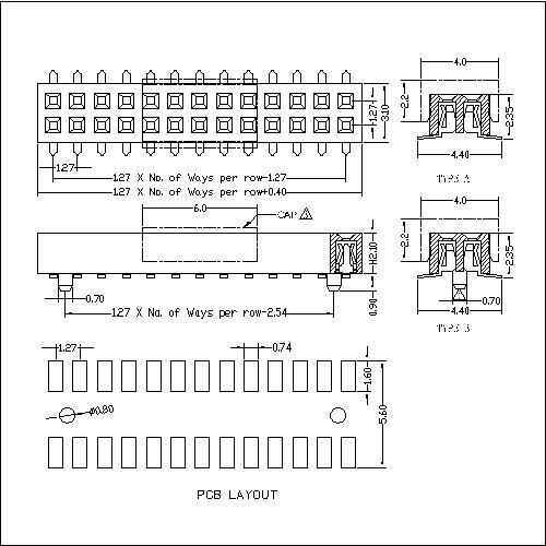 FHCM05-XXDXXXXX 1.27 mm Female Header Dual Row SMT Type(W=3.1 H=2.1）