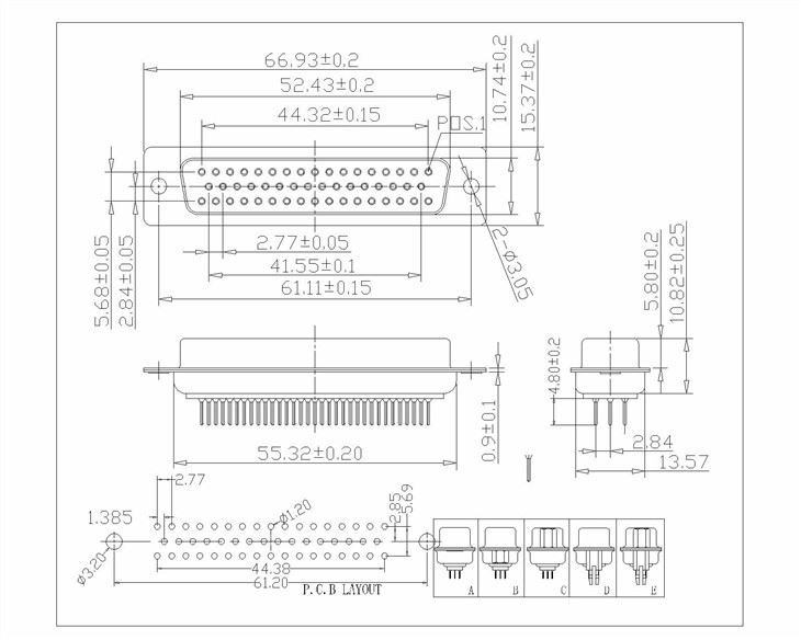 D-SUB PCB Female Three Row 50 Pin(Pitch=2.77mm)Straight